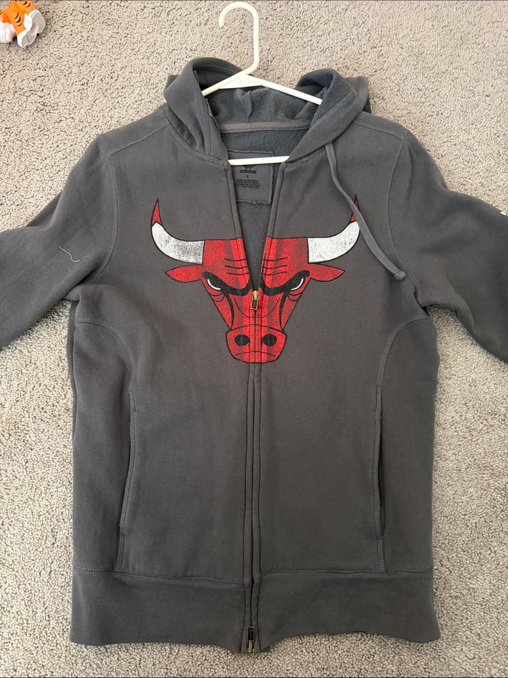 adidas Men's Gray Zip-Up Hoodie with Red Chicago Bulls Logo